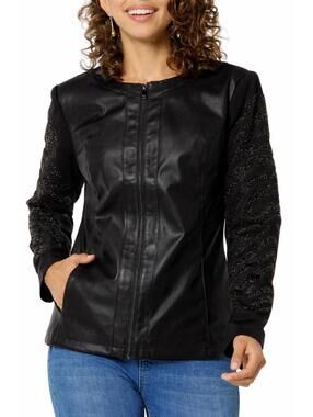 NWT Colleen Lopez Black Beaded Mesh Sleeve Faux Leather Moto Jacket Size Small